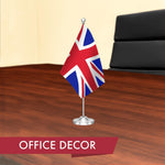 Load image into Gallery viewer, G128 United Kingdom UK Deluxe Desk Flag Set  8.5x5.5 In  Printed 300D Polyester, with Silver Dome and Base, 15 Metal Pole, Decorations For Office, Home and Festival Events Celebration