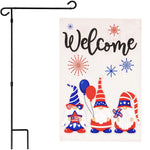 Load image into Gallery viewer, G128 Combo Pack: Garden Flag Stand Black 36 in x 16 in &amp; Garden Flag Patriotic Decoration Welcome Three Gnomes Celebrating 4th of July 12x18 DoubleSided Burlap Fabric