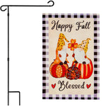 Load image into Gallery viewer, G128 Combo Pack: Garden Flag Stand Black 36 in x 16 in &amp; Garden Flag Fall Decoration Happy Fall Blessed Two Gnomes Sitting on Pumpkins 12x18 DoubleSided Blockout Fabric