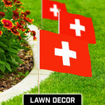Load image into Gallery viewer, G128 50 Pack Handheld Switzerland Swiss Stick Flags  12x18 In  Printed 150D Polyester, Country Flag, Solid Wooden Stick, Spear Gold Tip