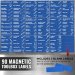 Load image into Gallery viewer, 90 Pcs Magnetic Tool Box Labels 3.5x1 inch Blue Magnetic Toolbox Labels for Tool Box Drawers Strong Magnet Toolbox Organizer Chest Pre Printed &amp; Blanked Emblems for Organization Toolbox Emblems