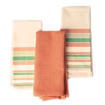 Load image into Gallery viewer, The Fine Living Co. Decorative Kitchen Towels Set of 3 Recycled Cotton Waffle Weave Dish Towels for Drying Dishes 28x18 inch Red and Green Absorbent Tea Towels Boho Stripe Design Eco Friendly