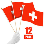 Load image into Gallery viewer, G128 12 Pack Handheld Switzerland Swiss Stick Flags  12x18 In  Printed 150D Polyester, Country Flag, Solid Wooden Stick, Spear Gold Tip