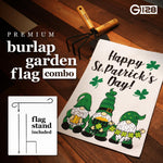 Load image into Gallery viewer, G128 Combo Pack: Garden Flag Stand Black 36 in x 16 in &amp; Garden Flag Happy St. Patrick's Day Decoration Decoration Three Leprechaun Gnomes 12x18 DoubleSided Burlap Fabric