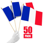 Load image into Gallery viewer, G128 50 Pack Handheld France French Stick Flags  12x18 In  Printed 150D Polyester, Country Flag, Solid Wooden Stick, Spear Gold Tip