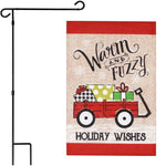 Load image into Gallery viewer, G128 Combo Pack: Garden Flag Stand Black 36 in x 16 in &amp; Garden Flag Winter Decoration Warm and Fuzzy Holiday Wishes Wagon with Gifts 12x18 DoubleSided Burlap Fabric