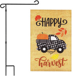 Load image into Gallery viewer, G128 Combo Pack: Garden Flag Stand Black 36 in x 16 in &amp; Garden Flag Fall Decoration Happy Harvest Pumpkin in Truck Bed 12x18 DoubleSided Burlap Fabric