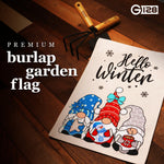 Load image into Gallery viewer, G128 Garden Flag Hello Winter Three Cozy Gnomes 12x18 Burlap Fabric