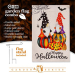 Load image into Gallery viewer, G128 Combo Pack: Garden Flag Stand Black 36 in x 16 in &amp; Garden Flag Happy Halloween Decoration Two Witchy Gnomes 12x18 DoubleSided Blockout Fabric