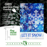 Load image into Gallery viewer, G128 Combo Pack: Garden Flag Stand Black 36 in x 16 in &amp; Garden Flag Winter Decoration Let It Snow Snowflakes 12x18 DoubleSided Blockout Fabric