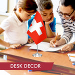 Load image into Gallery viewer, G128 Switzerland Swiss Deluxe Desk Flag Set  8.5x5.5 In  Printed 300D Polyester, with Silver Dome and Base, 15 Metal Pole, Decorations For Office, Home and Festival Events Celebration