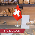 Load image into Gallery viewer, G128 Switzerland Swiss Deluxe Desk Flag Set  8.5x5.5 In  Printed 300D Polyester, with Silver Dome and Base, 15 Metal Pole, Decorations For Office, Home and Festival Events Celebration