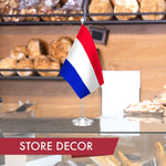 Load image into Gallery viewer, G128 Netherlands Dutch Deluxe Desk Flag Set  8.5x5.5 In  Printed 300D Polyester, with Silver Dome and Base, 15 Metal Pole, Decorations For Office, Home and Festival Events Celebration