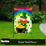 Load image into Gallery viewer, G128 Combo Pack: Garden Flag Stand Black 36x16 Inch &amp; Garden Flag Happy St. Patrick's Day Leprechaun with Pot of Gold 12x18 Inch
