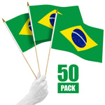 Load image into Gallery viewer, G128 50 Pack Handheld Brazil Brazilian Stick Flags  12x18 In  Printed 150D Polyester, Country Flag, Solid Wooden Stick, Spear Gold Tip