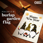 Load image into Gallery viewer, G128 Garden Flag Happy New Year Three Celebrating Gnomes 12x18 Burlap Fabric