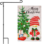 Load image into Gallery viewer, G128 Combo Pack: Garden Flag Stand Black 36 in x 16 in &amp; Garden Flag Merry Christmas Decoration Santa Gnome with Present 12x18 Double Sided Blockout Fabric