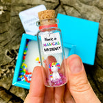 Load image into Gallery viewer, Unique Birthday Gifts for Him and Her Cute and Funny Bday Presents for Men and Women Gift for Mom Dad Family (Rainbow Unicorn Have a Magical Birthday Message Bottle in Teal Gift Box)