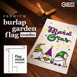 Load image into Gallery viewer, G128 Combo Pack: Garden Flag Stand Black 36 in x 16 in &amp; Garden Flag Mardi Gras Decoration Three Gnomes 12x18 DoubleSided Burlap Fabric