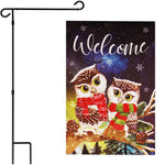 Load image into Gallery viewer, G128 Combo Pack: Garden Flag Stand Black 36 in x 16 in &amp; Garden Flag Winter Decoration Cozy Owls with Scarves 12x18 DoubleSided Blockout Fabric