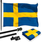 Load image into Gallery viewer, G128 Combo Pack: 6 Feet Tangle Free Spinning Flagpole (Black) Sweden Swedish Flag 3x5 ft Printed 150D Brass Grommets (Flag Included) Aluminum Flag Pole