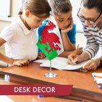 Load image into Gallery viewer, G128 Wales Welsh Deluxe Desk Flag Set  8.5x5.5 In  Printed 300D Polyester, with Silver Dome and Base, 15 Metal Pole, Decorations For Office, Home and Festival Events Celebration