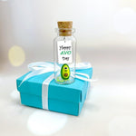 Load image into Gallery viewer, Tiny Magical Message in a Bottle Gift Idea Classy Inspirational Gifts for Him and Her Unique Presents for Women and Men (Green Avocado Happy Avo Day in Teal Gift Box)