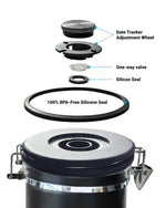 Load image into Gallery viewer, Stainless Steel Coffee Canister 21oz Airtight Kitchen Food Storage Container with Date Tracker CO2 Release Valve and Measuring Scoop For Ground Coffee Beans Tea Sugar Large (Black)