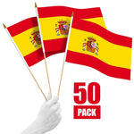 Load image into Gallery viewer, G128 50 Pack Handheld Spain Spanish Stick Flags  12x18 In  Printed 150D Polyester, Country Flag, Solid Wooden Stick, Spear Gold Tip