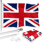 Load image into Gallery viewer, G128 Combo Pack: 6 Feet Tangle Free Spinning Flagpole (Silver) UK United Kingdom Flag 3x5 ft Printed 150D Brass Grommets (Flag Included) Aluminum Flag Pole