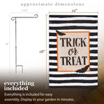 Load image into Gallery viewer, G128 Combo Pack: Garden Flag Stand Black 36 in x 16 in &amp; Garden Flag Halloween Decoration Trick or Treat Bats and Black and White Stripes 12x18 DoubleSided Burlap Fabric