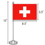 Load image into Gallery viewer, G128 Switzerland Swiss Deluxe Desk Flag Set  8.5x5.5 In  Printed 300D Polyester, with Silver Dome and Base, 15 Metal Pole, Decorations For Office, Home and Festival Events Celebration