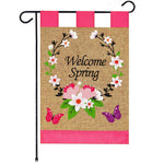 Load image into Gallery viewer, G128 Garden Flag Spring Decoration Welcome Spring Flower Wreath and Butterflies 12x18 Burlap Fabric