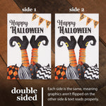 Load image into Gallery viewer, G128 Combo Pack: Garden Flag Stand Black 36 in x 16 in &amp; Garden Flag Halloween Decoration Witch Feet and Spooky Pumpkins 12x18 DoubleSided Burlap Fabric