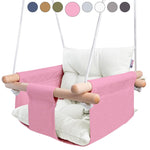 Load image into Gallery viewer, Pink Canvas Baby Swing Wooden Hanging Swing Seat Chair with Safety Belt Durable Baby Swing Chair Outdoor and Indoor Swing for Kids Mounting Hardware Included Pink