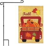 Load image into Gallery viewer, G128 Combo Pack: Garden Flag Stand Black 36 in x 16 in &amp; Garden Flag Fall Decoration Pumpkins in Truck Bed 12x18 DoubleSided Burlap Fabric