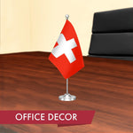 Load image into Gallery viewer, G128 Switzerland Swiss Deluxe Desk Flag Set  8.5x5.5 In  Printed 300D Polyester, with Silver Dome and Base, 15 Metal Pole, Decorations For Office, Home and Festival Events Celebration