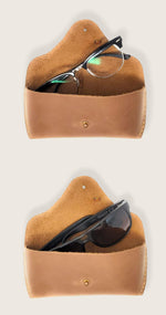 Load image into Gallery viewer, Genuine Leather Eyeglasses &amp; Sunglasses Case with Button Closure Light Brown
