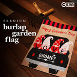 Load image into Gallery viewer, G128 Garden Flag Happy Valentine's Day Love Four Gnomes in Truck 12x18 Burlap Fabric