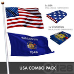Load image into Gallery viewer, G128 Combo Pack: USA American Flag 3x5 Ft Embroidered Stars &amp; Wisconsin State Flag 3x5 Ft Embroidered Double Sided 2ply