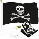 Load image into Gallery viewer, G128 Combo Pack: 5 Ft Tangle Free Aluminum Spinning Flagpole (White) &amp; Pirate Jolly Roger Bones Flag 2x3 Ft, ToughWeave Series Embroidered 300D Polyester  Pole with Flag Included