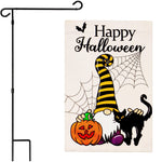 Load image into Gallery viewer, G128 Combo Pack: Garden Flag Stand Black 36 in x 16 in &amp; Garden Flag Happy Halloween Decoration Gnome with Pumpkin and Black Cat 12x18 DoubleSided Blockout Fabric