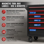 Load image into Gallery viewer, 90 Pcs Magnetic Tool Box Labels 3.5x1 inch Blue Magnetic Toolbox Labels for Tool Box Drawers Strong Magnet Toolbox Organizer Chest Pre Printed &amp; Blanked Emblems for Organization Toolbox Emblems