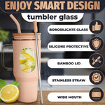 Load image into Gallery viewer, 46 Oz Glass Tumbler with Straw and Lid   Peach Glass Water Bottle with Natural Bamboo Lid 2 Slim and Boba Straws Silicone Sleeve Dishwasher Safe Car Holder Friendly Ergonomic Grip Easy Visibility