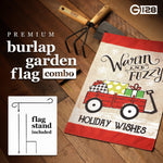 Load image into Gallery viewer, G128 Combo Pack: Garden Flag Stand Black 36 in x 16 in &amp; Garden Flag Winter Decoration Warm and Fuzzy Holiday Wishes Wagon with Gifts 12x18 DoubleSided Burlap Fabric