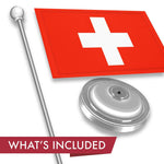 Load image into Gallery viewer, G128 Switzerland Swiss Deluxe Desk Flag Set  8.5x5.5 In  Printed 300D Polyester, with Silver Dome and Base, 15 Metal Pole, Decorations For Office, Home and Festival Events Celebration