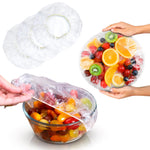 Load image into Gallery viewer, Elastic Plastic Bowl Covers 12 Inch Pack of 100 Clear Plastic Disposable Bowl Covers 30 Micron Thick. Durable Adjustable Plastic Food Covers with Elastic Edge. Stretchable Bowl Covers Small