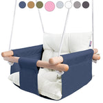 Load image into Gallery viewer, Canvas Baby Swing Wooden Hanging Swing Seat Chair with Safety Belt Durable Baby Swing Chair Outdoor and Indoor Swing for Kids Mounting Hardware Included Blue
