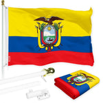 Load image into Gallery viewer, G128 Combo Pack: 6 Ft Tangle Free Spinning Flagpole (White) &amp; Ecuador Flag 3x5 Ft Printed 150D Polyester, Brass Grommets (Flag Included) Aluminum Flag Pole