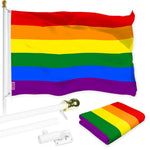 Load image into Gallery viewer, G128 Combo Pack: 6 Ft Tangle Free Aluminum Spinning Flagpole (White) &amp; LGBT Rainbow Pride Flag 3x5 Ft, LiteWeave Pro Series Printed 150D Polyester  Pole with Flag Included